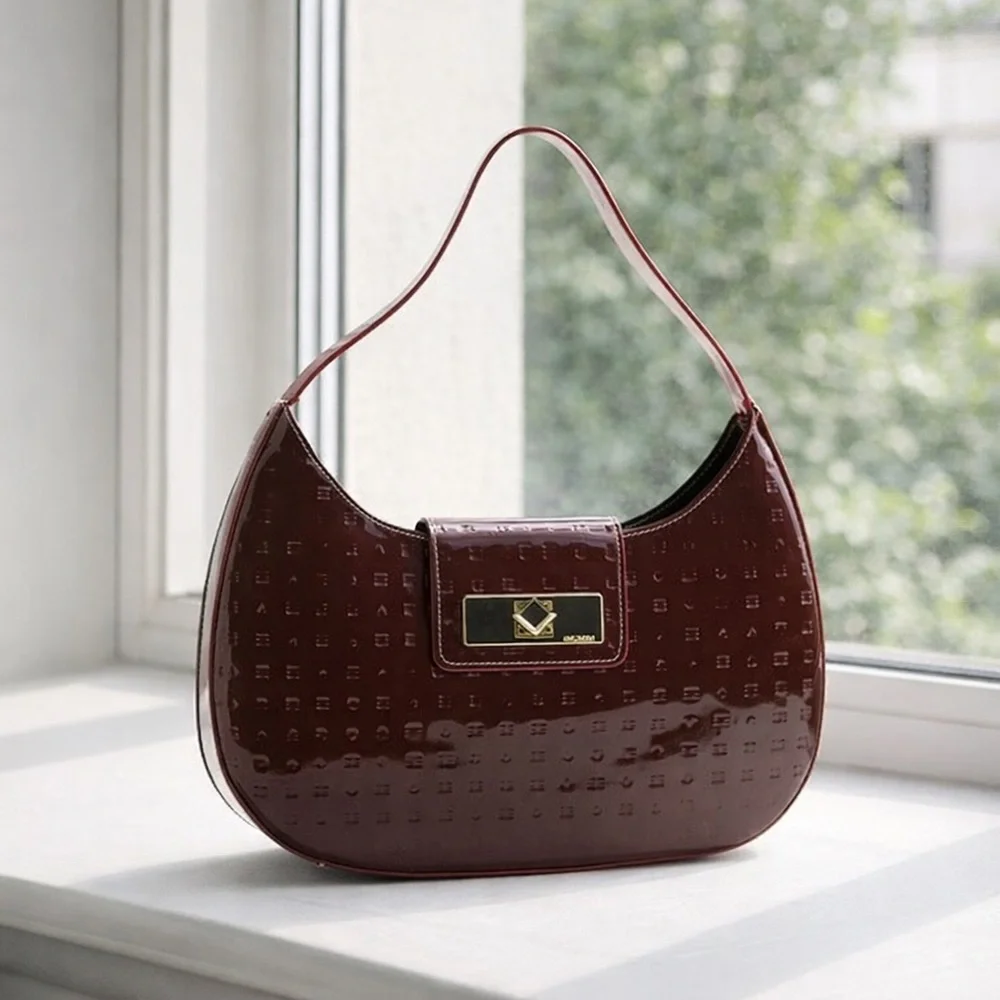 ARCADIA PATENT LEATHER SHOULDER HOBO HANDBAG RED MADE in ITALY